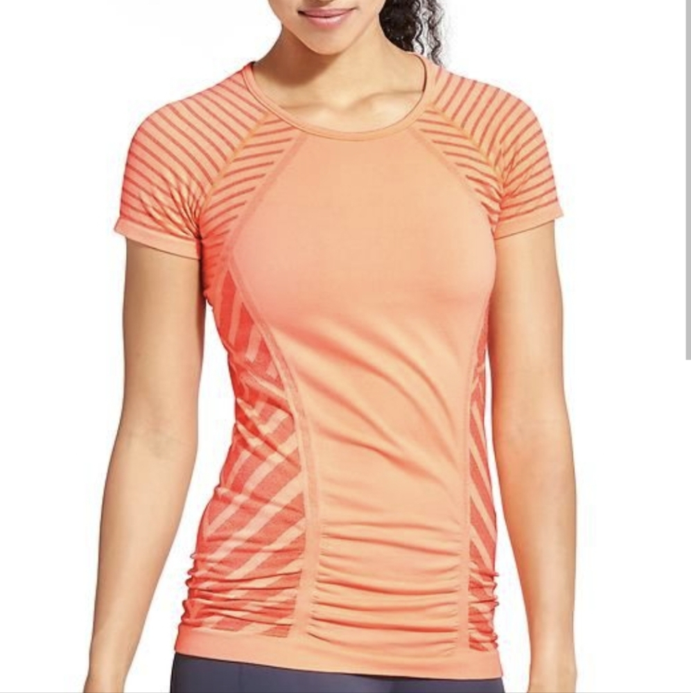Athleta Medium Fastest Track Ruched side short sleeved athletic tee peach/orange